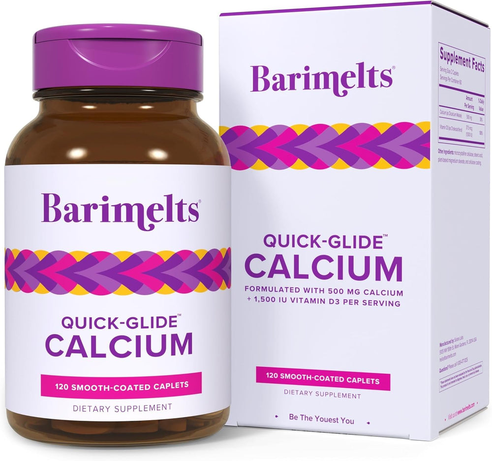 Barimelts Quick-Glide Calcium bottle caplets for easy swallowing and gentle absorption.