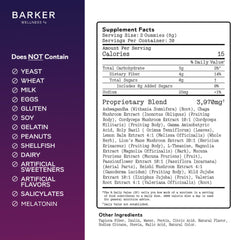 Barker Wellness Nighttime Gummies ingredients label highlights adaptogenic mushrooms for daily vitality.