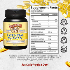 Barlean's Essential Woman Evening Primrose Oil bottle highlighting GLA