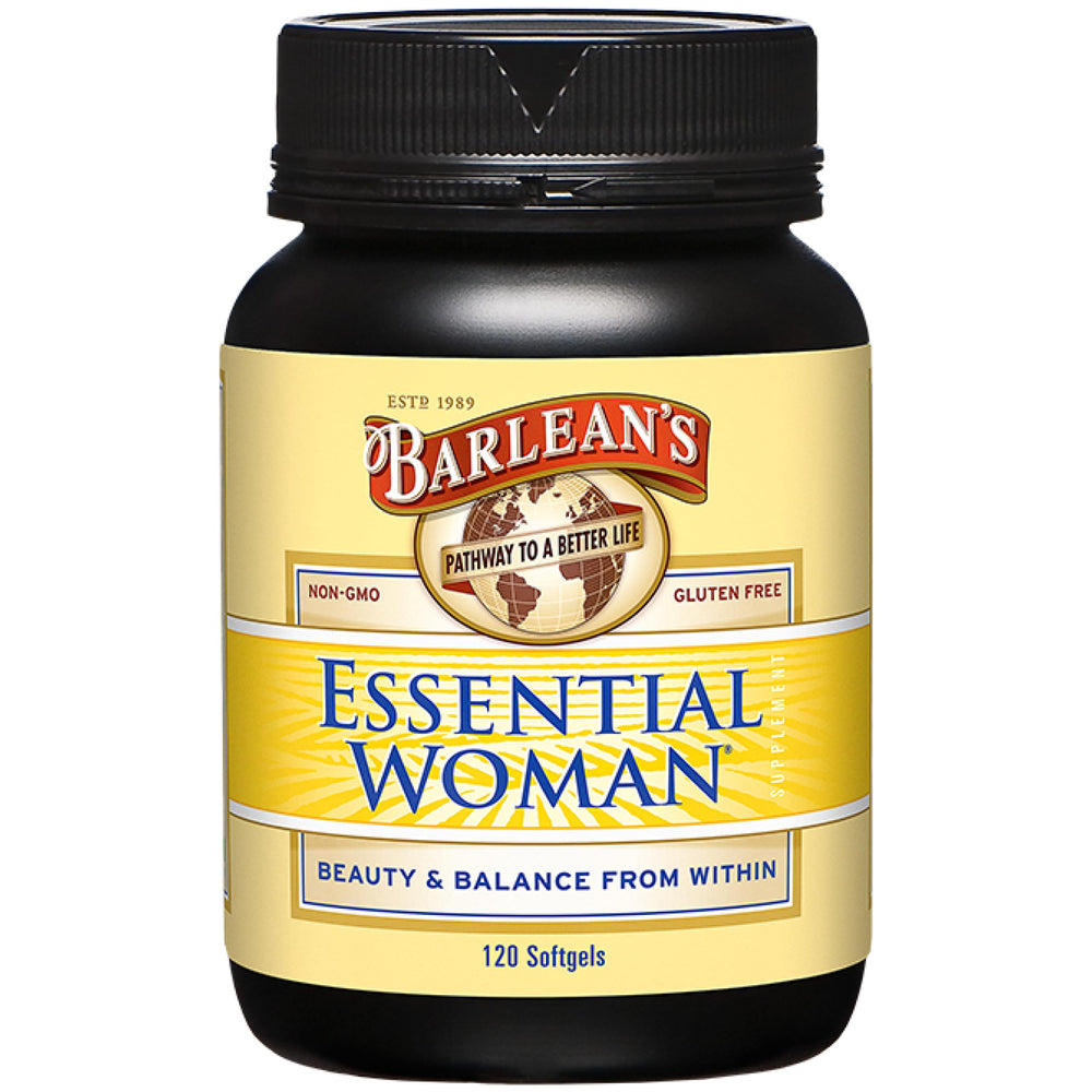 Barlean's Essential Woman softgels bottle for daily hormone balance