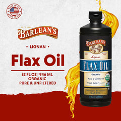 Pouring Barlean's Flax Oil from the bottle for daily use.