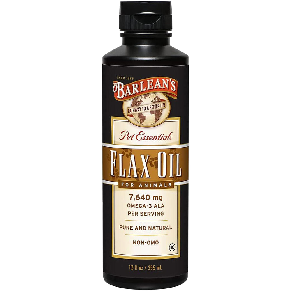 Barlean's Flaxseed Oil for Animals bottle pour demonstrates easy feeding for pets.