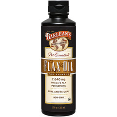 Barlean's Flaxseed Oil for Animals bottle pour demonstrates easy feeding for pets.