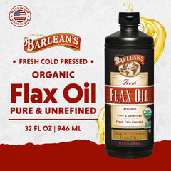 Close-up of Barlean's flaxseed oil label with organic, non-GMO flax seeds.