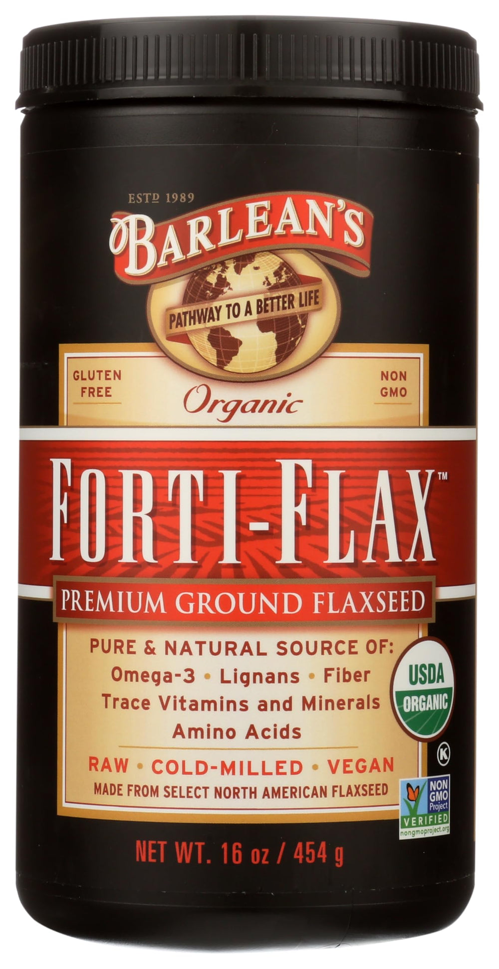Barleans Forti-Flax organic flaxseed packaging front, a pantry staple for omega-3 and fiber.