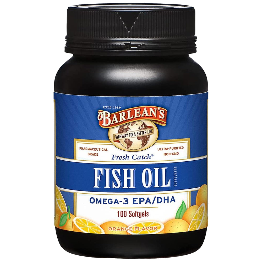 Barlean's Fresh Catch orange-flavored omega-3 fish oil softgels in a bottle for daily omega-3.