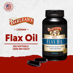 Barlean's flaxseed oil label close-up emphasizes cold-pressed oil