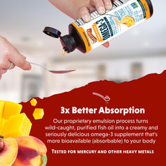 Mango peach flavor splash suggesting tasty, enjoyable daily supplement experience.