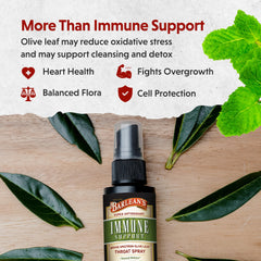 Barlean's Olive Leaf Complex Throat Spray label close-up highlights peppermint and sage