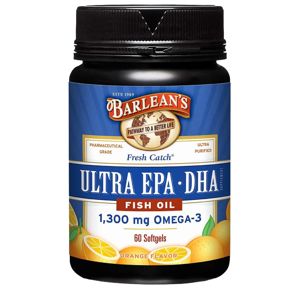 Barlean's Omega-3 softgels in orange bottle for daily heart and brain support.