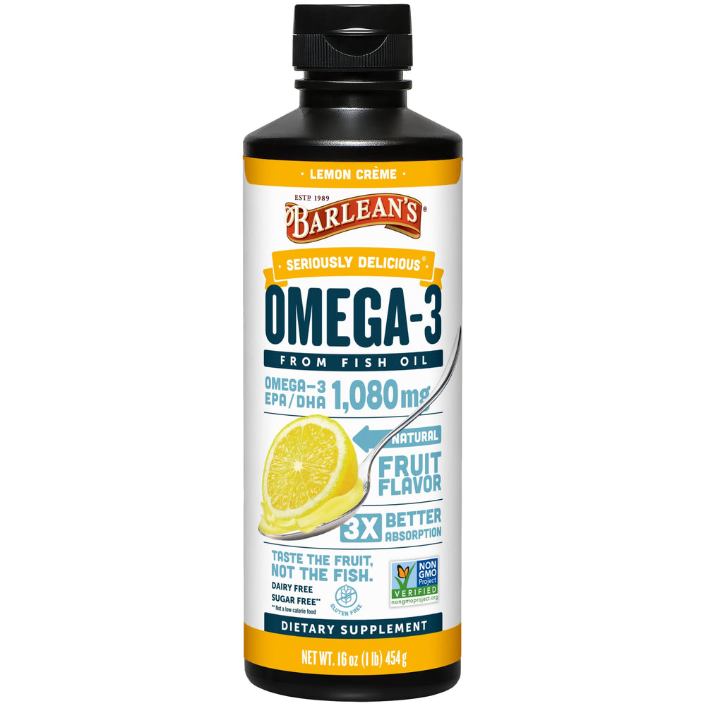 Barlean's Omega-3 Liquid bottle with Lemon Crème, convenient daily supplement for brain and heart support.