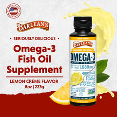 Barlean's Omega 3 creamy-texture closeup highlights emulsified formula for gentler digestion.