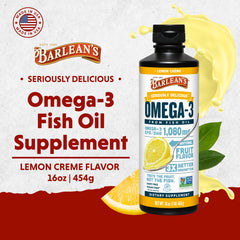 Barlean's Omega-3 Liquid on yogurt, blends smoothly without fishy aftertaste.