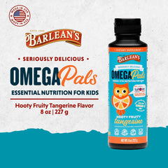 Barlean's Omega Pals Eye Health Liquid label highlights Tangerine flavor and nutrients