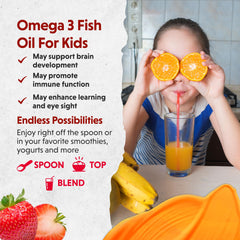 Barlean's Omega Pals Eye Health Liquid poured into a spoon for kids