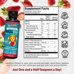 Barlean's Omega Pals straw-nana flavor closeup, appealing to kids and parents seeking tasty flax oil.