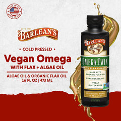 Barlean's Omega Twin ingredients panel shows organic flaxseed oil and cold-pressed borage seeds.