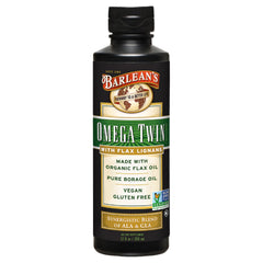 Barlean's Omega Twin bottle highlights flaxseed and borage oils for daily omega intake.