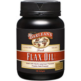Barlean's Omega 3-6-9 flaxseed softgels bottle on shelf for daily use.