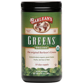 Barlean's Organic Greens Powder scoop in glass for an easy daily greens boost.
