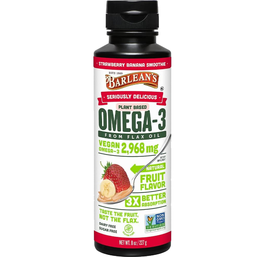 Barlean's Strawberry Banana flaxseed oil bottle highlighting vegan omega-3 source for daily nutrition.