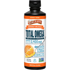 Barlean's Total Omega 3 6 9 Orange Creme bottle showing label and 2,400 mg omegas per serving