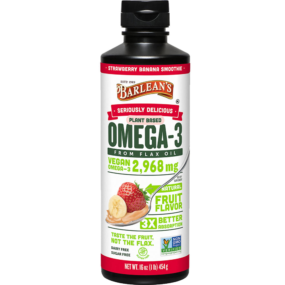 Barlean's vegan omega-3-6-9 flax oil bottle on kitchen counter for daily use.