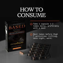 Based Supplements Butea Superba capsules in hand indicate daily vitality.
