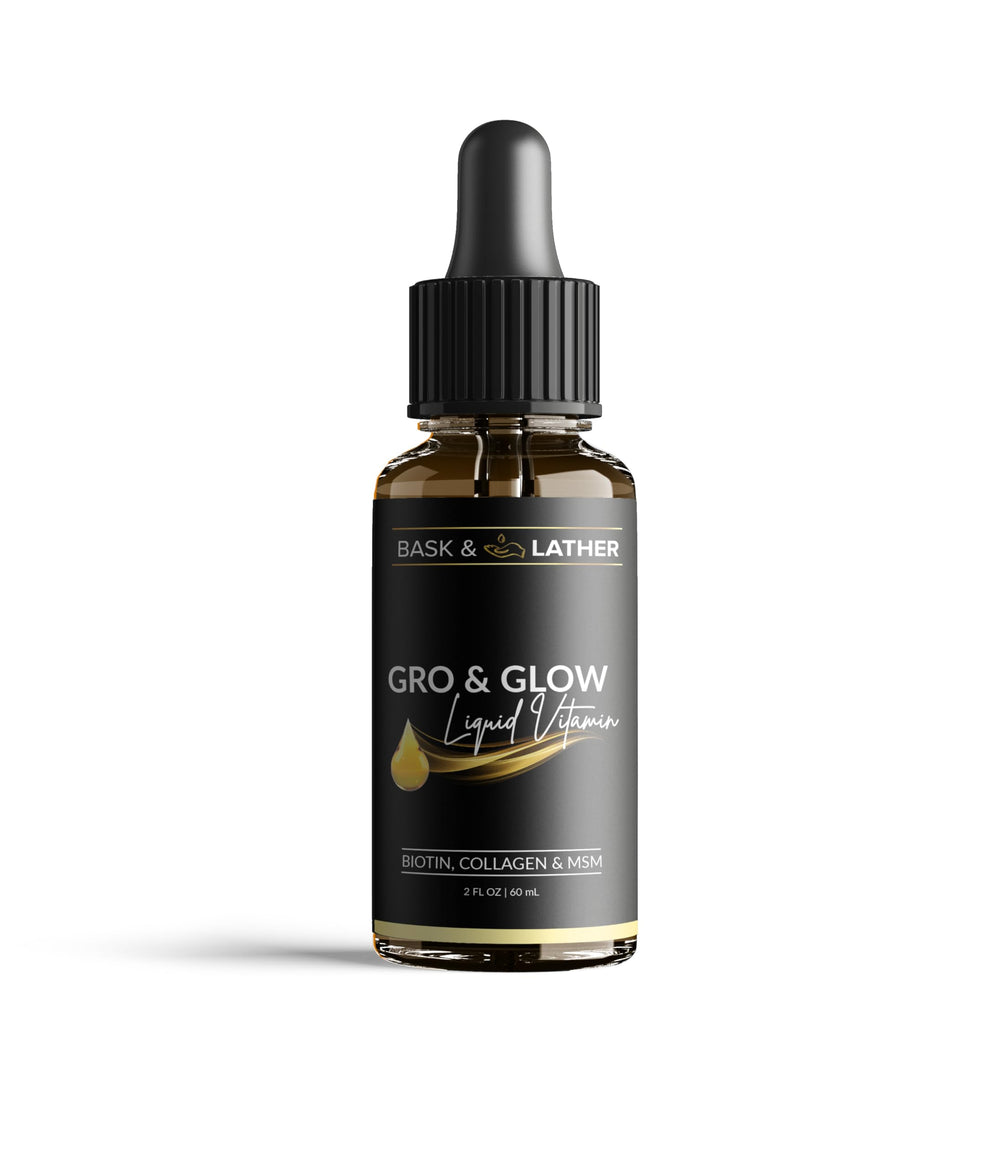 Bask and Lather Gro and Glow bottle with cherry flavor for radiant hair and skin.