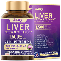 Baszy 28-in-1 Liver Cleanse bottle front showing convenient daily capsules for liver support