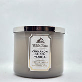 Bath and Body Works White Barn 3-Wick Candle Cinnamon Spiced Vanilla 360 view highlights aroma for cozy spaces