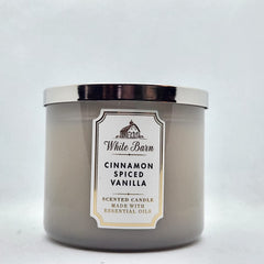 Bath and Body Works White Barn 3-Wick Candle Cinnamon Spiced Vanilla 360 view highlights aroma for cozy spaces
