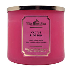 Label closeup showing Cactus Blossom fragrance and decorative lid