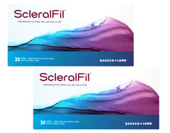 Bausch + Lomb ScleralFil saline vial for on-the-go lens rinsing and insertion.
