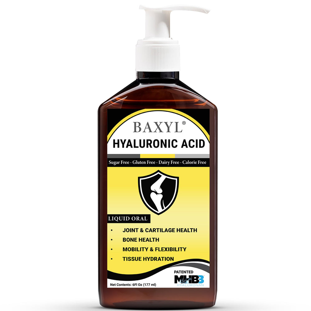 BAXYL liquid hyaluronic acid bottle on shelf for joint support.