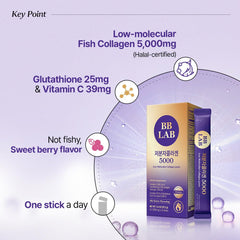 BB LAB collagen powder texture close-up highlights fine hydrolyzed peptides for better absorption.