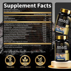 BBEEAAUU Shilajit capsules close-up highlighting 12-in-1 formula