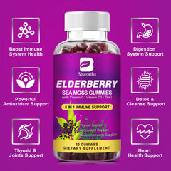 BBeworths Sea Moss Gummies jar shows natural minerals for digestion and joints.