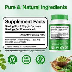 Bcuelov Moringa capsules bottle closeup label noting 800mg potency and clean ingredients