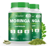 Bcuelov Moringa capsules bottle front shows packaging; supports daily energy and wellness.