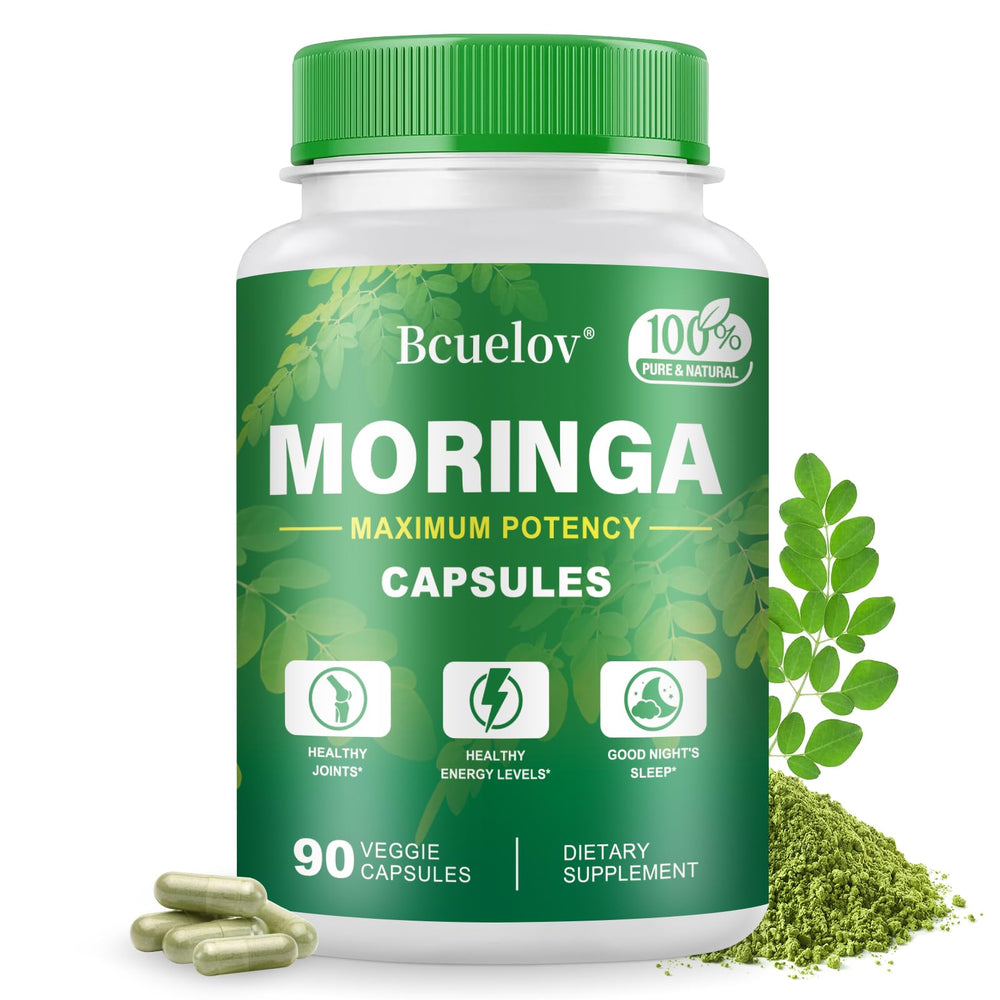 Bcuelov Moringa capsules bottle front view highlighting daily vitality and purity