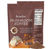 Bcuelov Mushroom Coffee packaging shows two-bag set for daily energy.