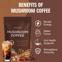 Bcuelov mushroom coffee bag tip illustrating instant mixability with hot or iced water.