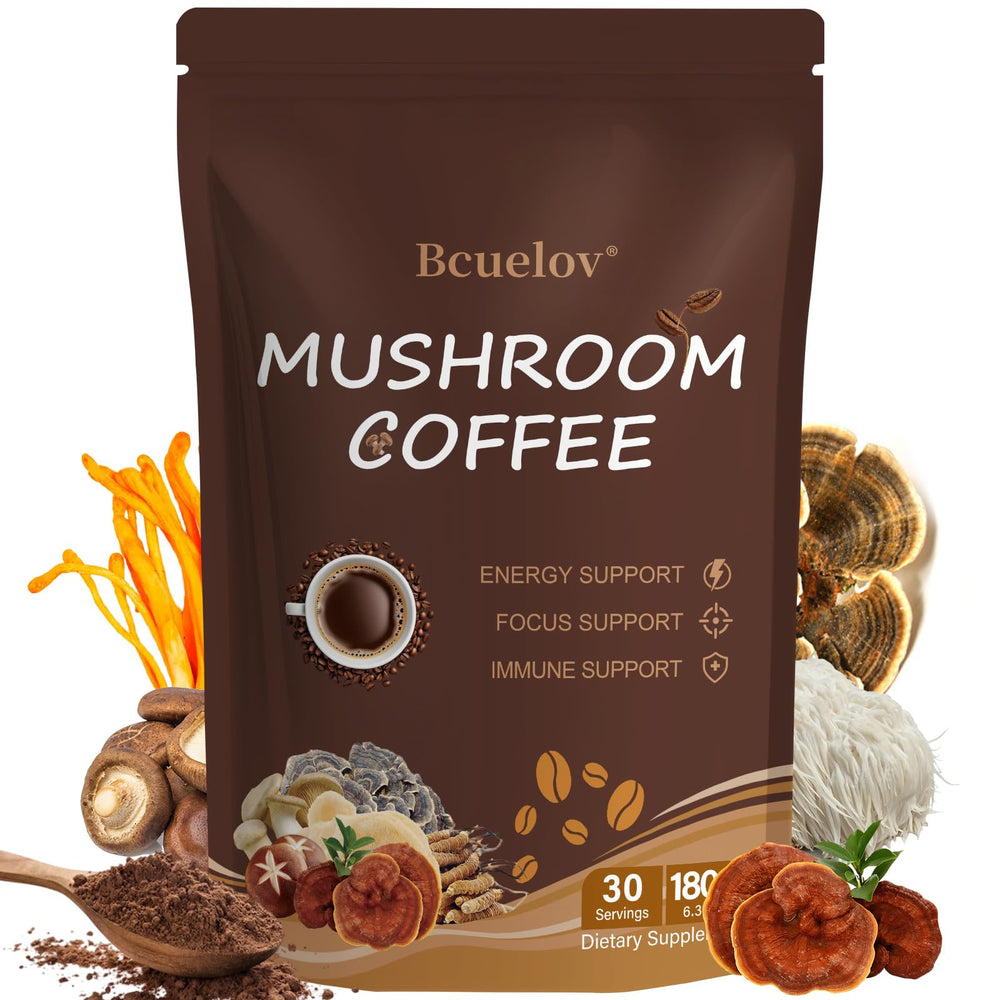 Bcuelov mushroom coffee powder in a jar showing six adaptogens for smooth energy.