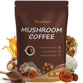 Bcuelov mushroom coffee powder in a jar showing six adaptogens for smooth energy.