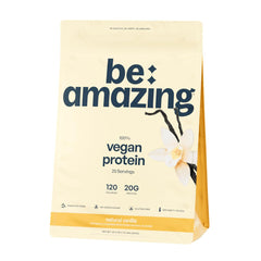 BE AMAZING Vegan Protein Powder vanilla tub highlights smooth texture and clean ingredients.