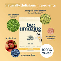 BE AMAZING vanilla powder in a glass shows versatile mix for smoothies.