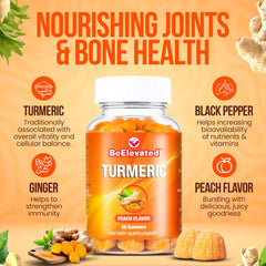 BeElevated Curcumin Turmeric Gummies bottle highlights black pepper and ginger for absorption