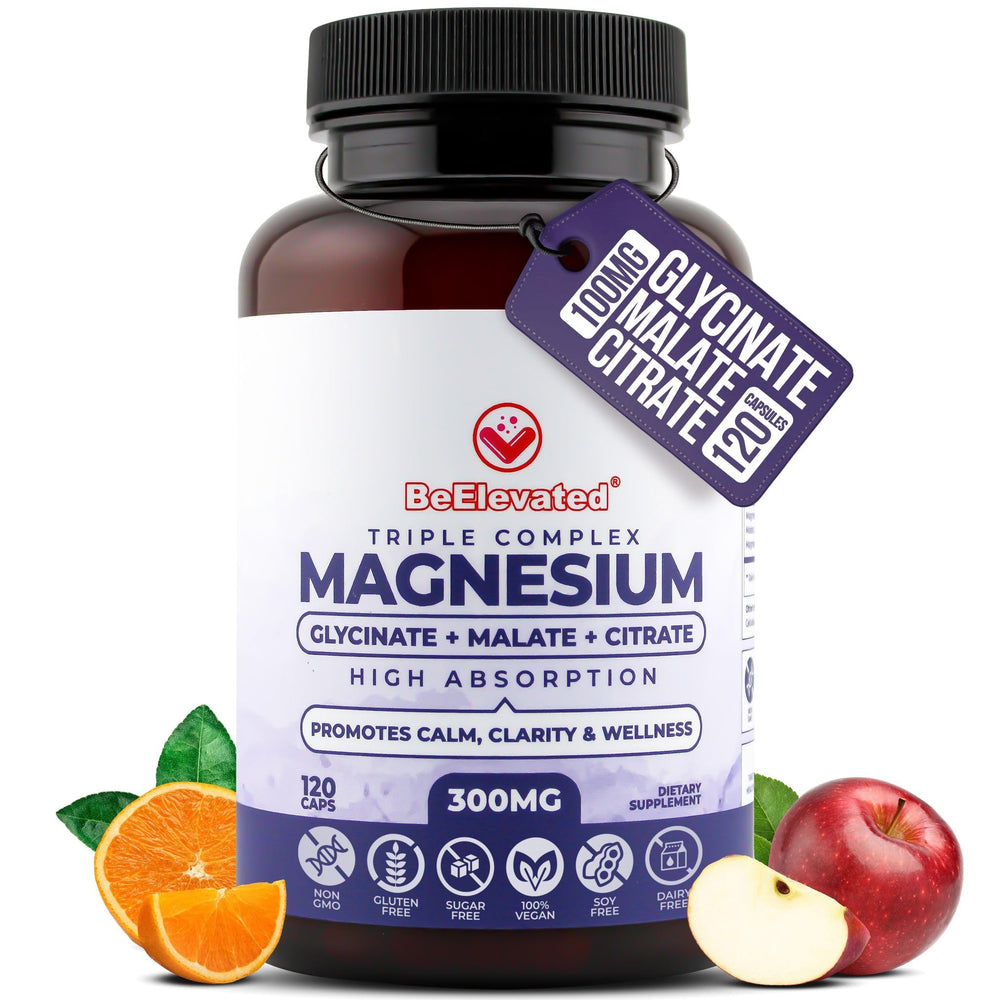 BeElevated Triple Magnesium bottle pour suggesting easy daily dosing for relaxation