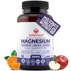 BeElevated Triple Magnesium bottle pour suggesting easy daily dosing for relaxation